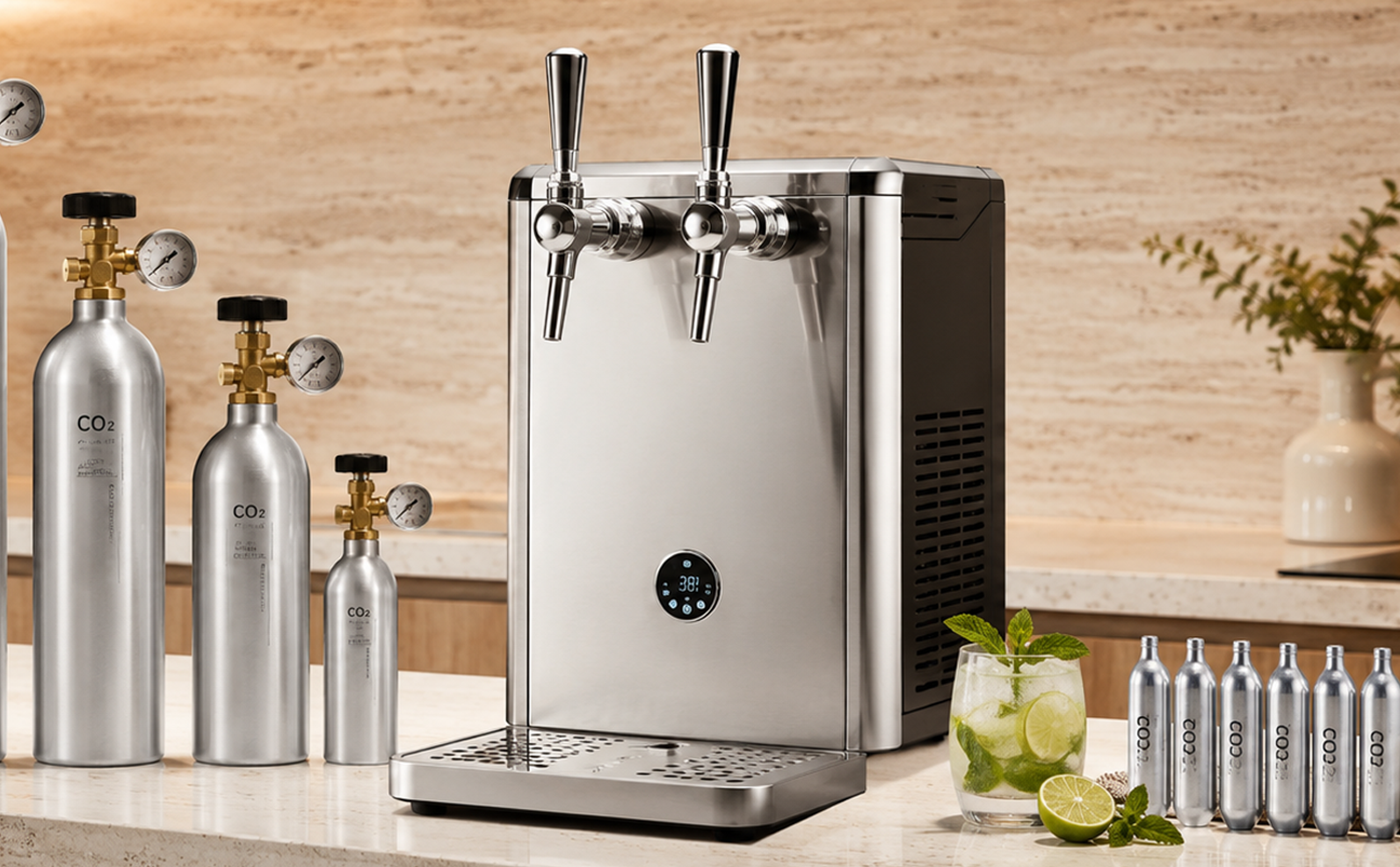 Commercial soda machine setup with CO2 cylinder, regulators, beverage taps and sparkling water bottles